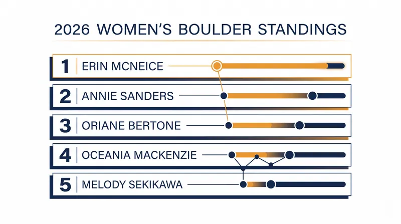 The top five contenders in the 2026 Women's Boulder standings.