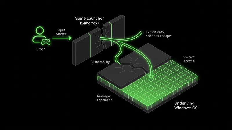 How the file-swapping exploit bypasses the intended game launcher to reveal the operating system.
