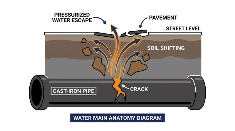 How shifting soil and rigid cast-iron materials lead to microscopic cracks and eventual pipe ruptures.