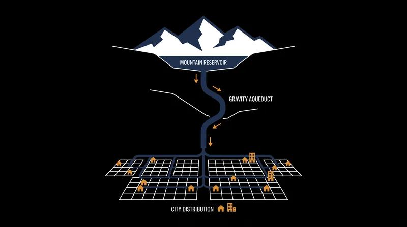 Gravity-fed aqueducts are highly efficient but place immense pressure on local distribution networks.