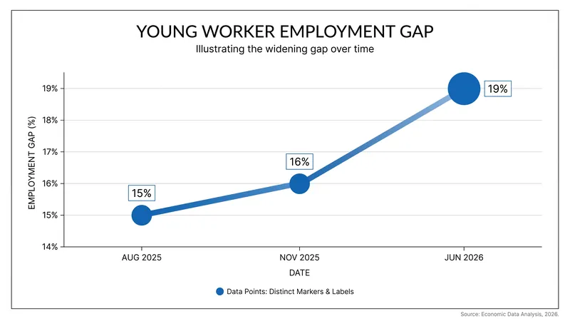 The relative employment gap for early-career professionals has steadily widened since mid-2025.