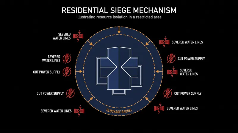 How the siege operated: attackers systematically severed utilities and established a physical blockade to trap residents inside.