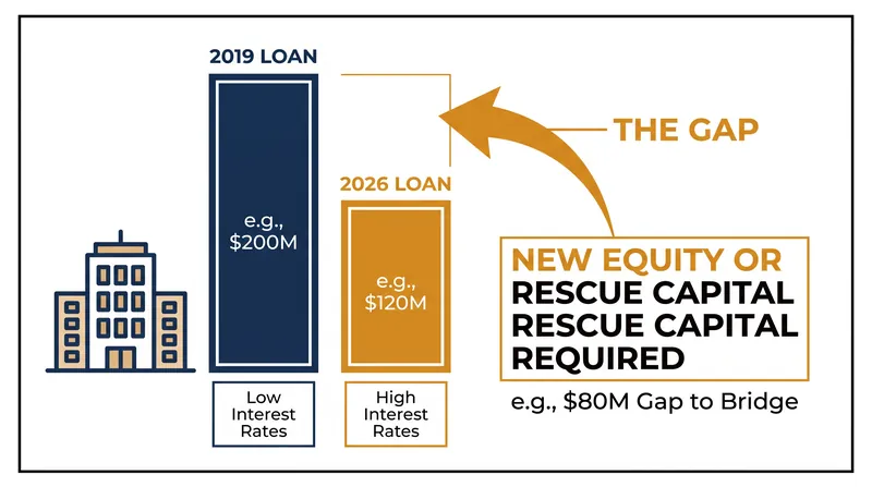 The Refinance Gap: Higher interest rates mean properties qualify for smaller loan amounts, requiring owners to inject cash or sell.