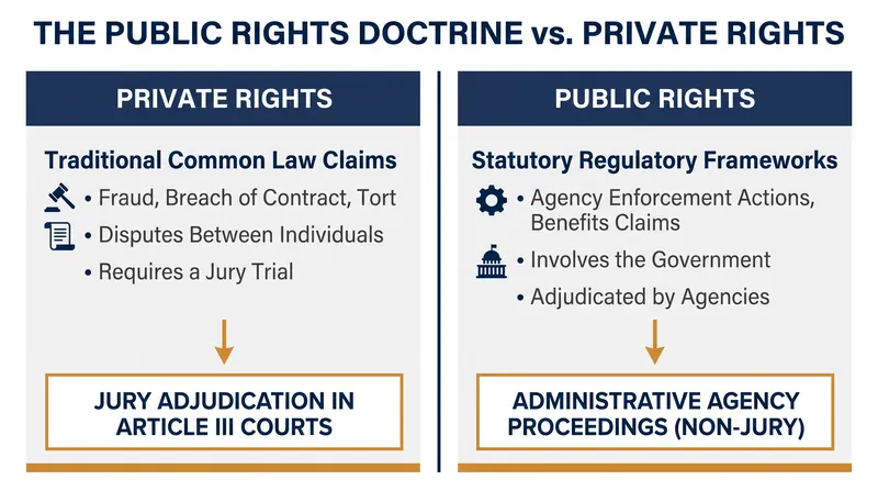The legal distinction between public and private rights determines whether an agency can bypass a federal jury.