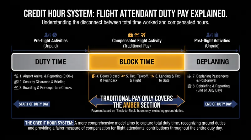 Under the traditional credit hour system, flight attendants are primarily paid for 'block time' when the aircraft is in motion.