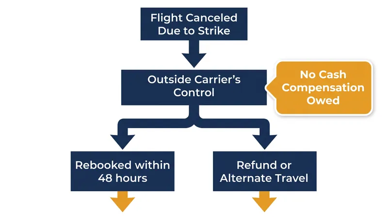 Canadian regulations classify a strike by an airline's own employees as 'outside the carrier's control,' exempting the airline from paying cash compensation.