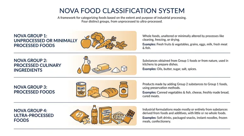 The NOVA classification system categorizes food based on the extent and purpose of industrial processing.