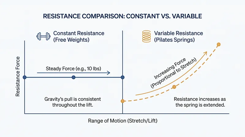 Unlike free weights, spring resistance increases as the spring stretches, maximizing time under tension.