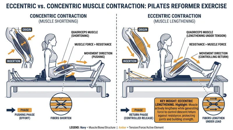 Eccentric contraction occurs when the muscle lengthens while actively resisting the pull of the springs.