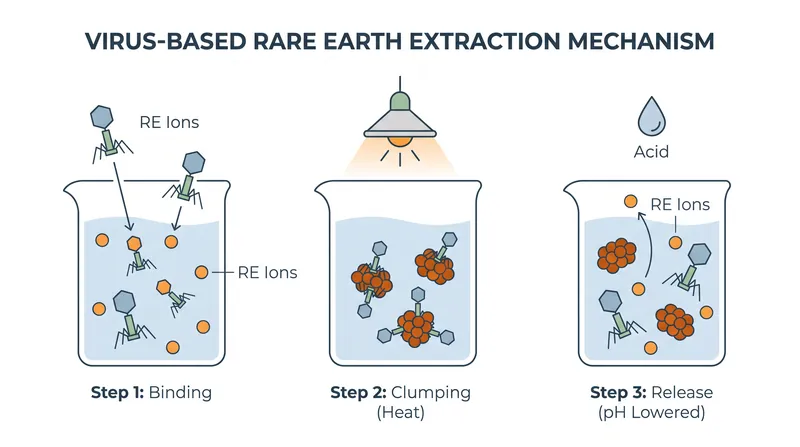 Engineered bacteriophages act as thermoresponsive sponges, binding to rare earths and releasing them when the temperature changes.