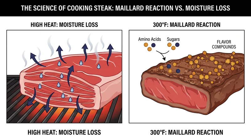 High heat physically squeezes water out of muscle fibers, while simultaneously creating hundreds of new flavor compounds on the surface.