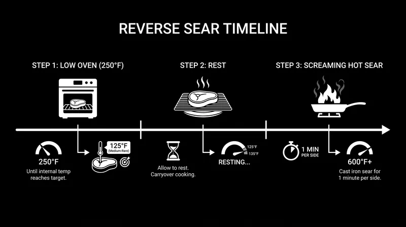 The reverse sear method gently cooks the interior while drying the exterior, allowing for an instant, perfect crust at the very end.