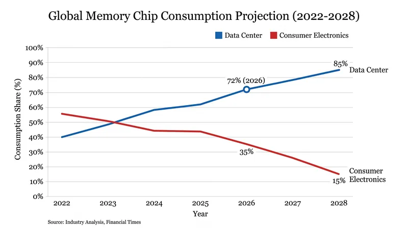 Data centers are projected to consume nearly 70% of all memory chips produced worldwide by 2026.