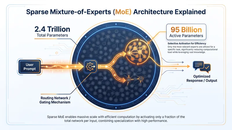 Qwen3.8-Max uses a Mixture-of-Experts design to activate only a fraction of its total parameters per query, saving compute costs.