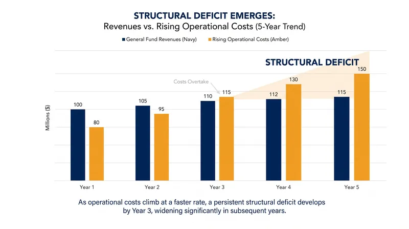 Structural deficits occur when ongoing expenses consistently outpace recurring revenues.