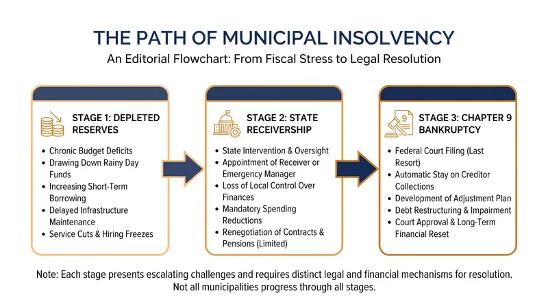 The escalating steps of municipal financial distress.
