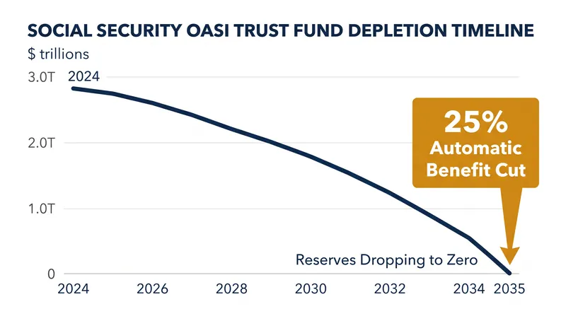 Federal actuaries project the OASI trust fund will be exhausted by 2035, triggering an automatic 25% reduction in benefits.
