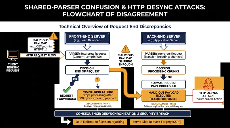 Shared-parser confusion occurs when servers reuse parsing logic, allowing attackers to manipulate request boundaries.