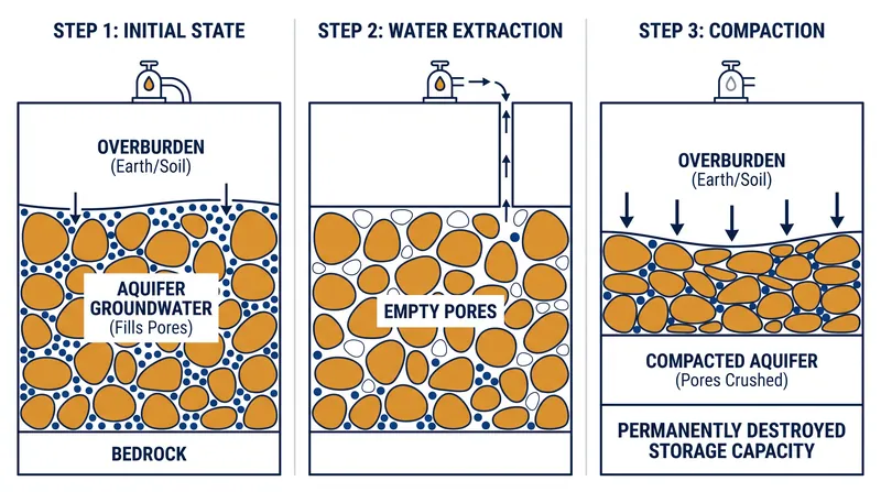 When water is over-extracted, the porous rock structure can collapse, permanently destroying the aquifer's ability to store future rainfall.