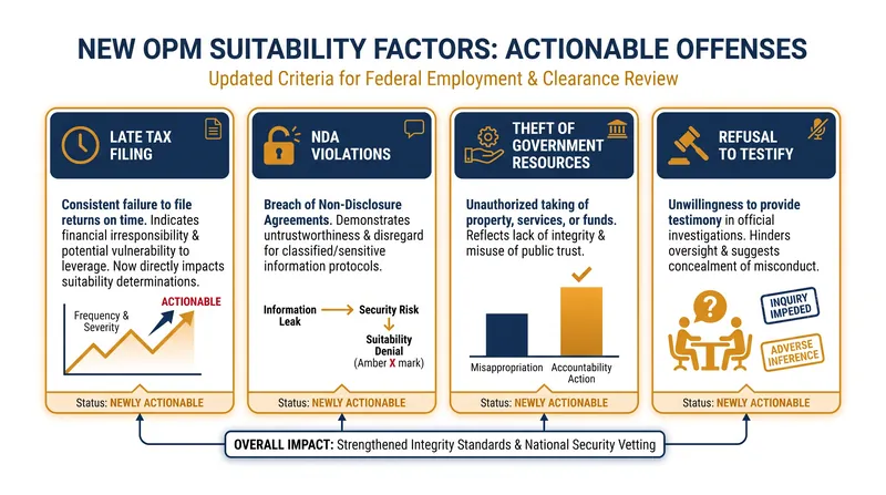 The expanded suitability criteria give agencies new grounds to seek the removal of current employees.