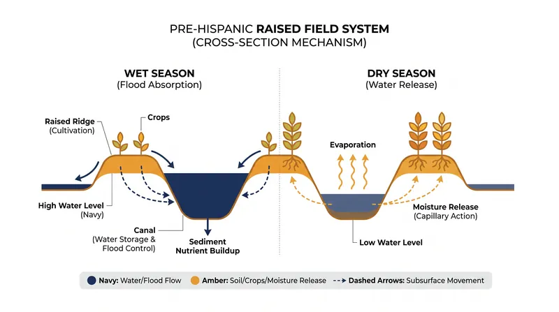 Rather than blocking floods, the raised field system absorbed and redistributed water to sustain crops year-round.