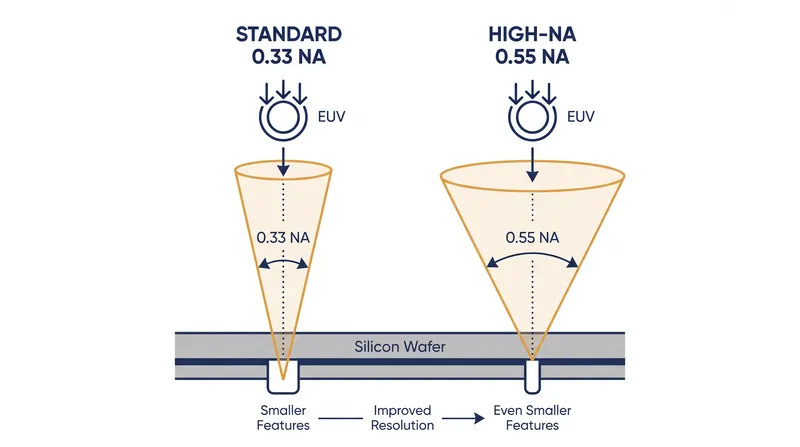 High-NA EUV increases the numerical aperture to 0.55, allowing for a tighter focus and higher resolution.