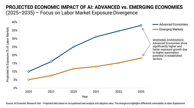 Advanced economies face higher exposure to AI disruption, while emerging markets see capped downside risk.