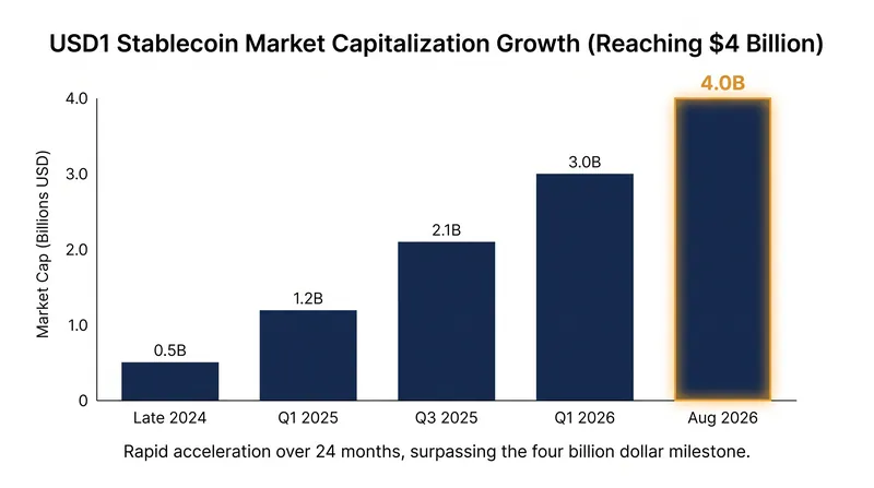 USD1 has grown to a $4 billion market capitalization, making it the fourth-largest stablecoin.