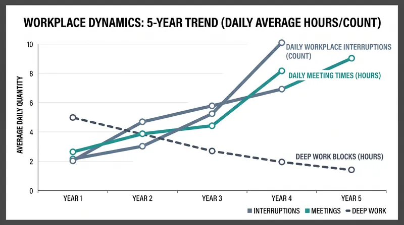 As synchronous meetings have increased, dedicated blocks for deep work have steadily declined.