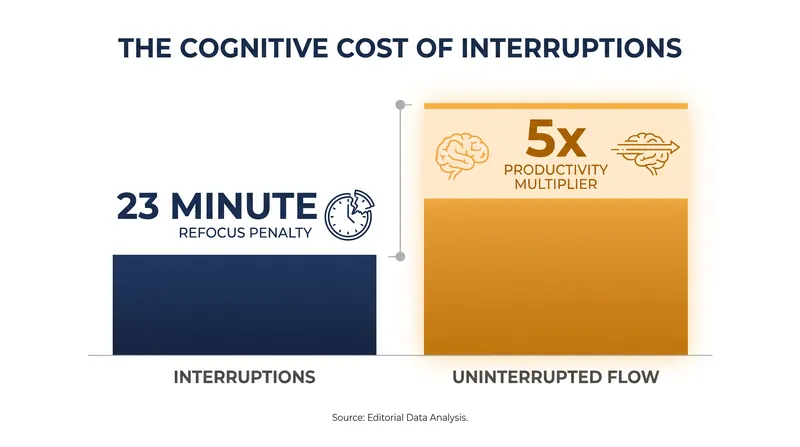 The cognitive cost of context switching heavily penalizes real-time interruptions.