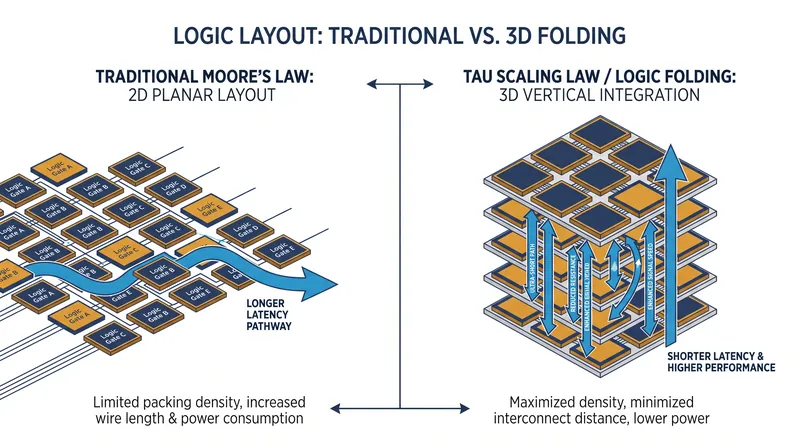 Logic folding stacks core logic gates vertically, reducing the physical distance signals must travel.