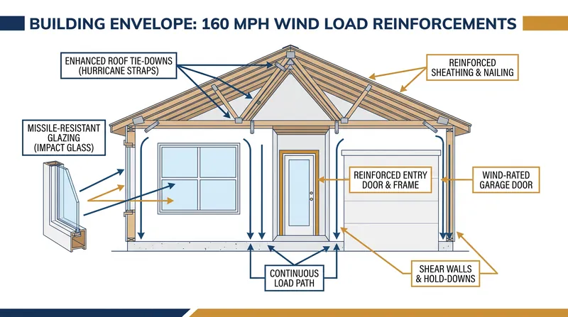 The 160 mph standard applies to the entire building envelope, requiring upgrades to every exterior penetration.