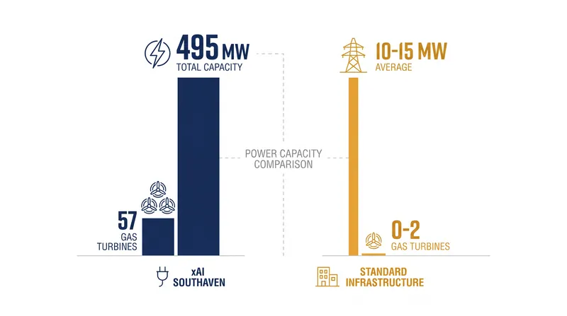 The unpermitted power plant generates 495 megawatts, rivaling conventional regional power stations.