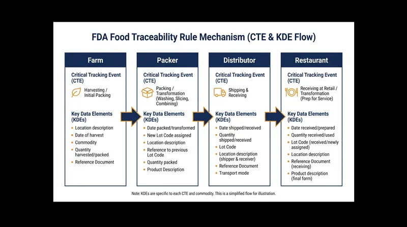 Under FSMA 204, specific data must be logged and shared at every critical point in a high-risk food's journey.