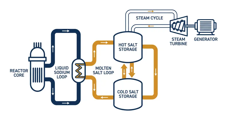 The Natrium design decouples heat generation from electricity production, using molten salt to store thermal energy for peak demand.