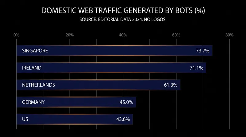While the US generates the most total bot traffic, smaller digital hubs see much higher domestic concentrations of automated requests.