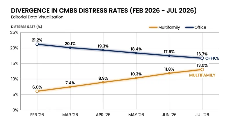 Multifamily CMBS distress has more than doubled since February, while office distress has begun to ease.