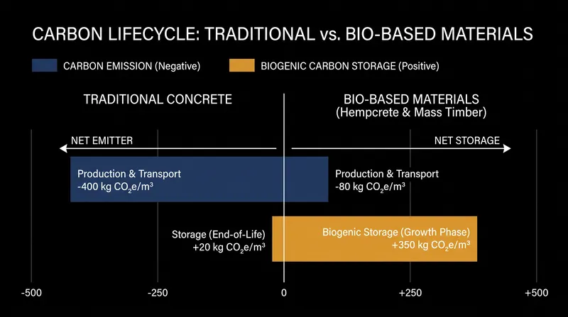 Unlike concrete, bio-based materials actively sequester carbon dioxide during their growth phase, resulting in a net-negative carbon footprint.