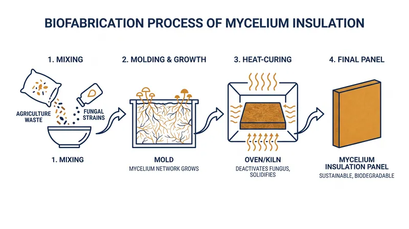 Mycelium insulation is grown rather than manufactured, utilizing fungal root networks to bind agricultural waste into solid panels.