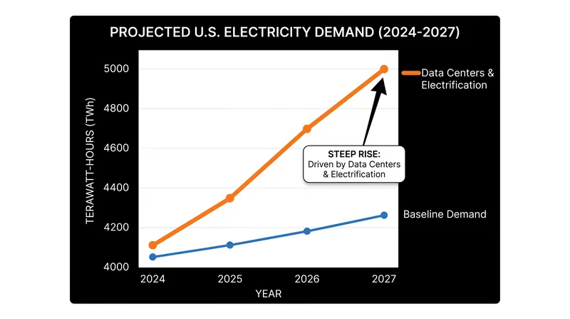 The EIA forecasts consecutive record highs for U.S. power demand in 2026 and 2027.