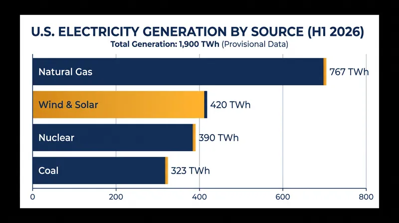 Wind and solar generation outpaced both nuclear and coal in the first half of 2026.