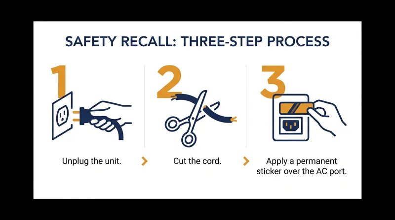The mandatory repair process requires owners to cut the original power cord and permanently seal the AC port.