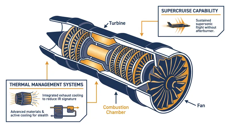 Fifth-generation engines must balance extreme thermal output with the low-observability requirements of stealth aircraft.