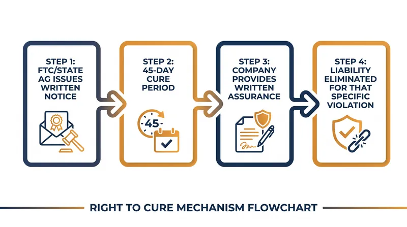 The 45-day right to cure provision allows companies to avoid liability if they correct alleged violations.
