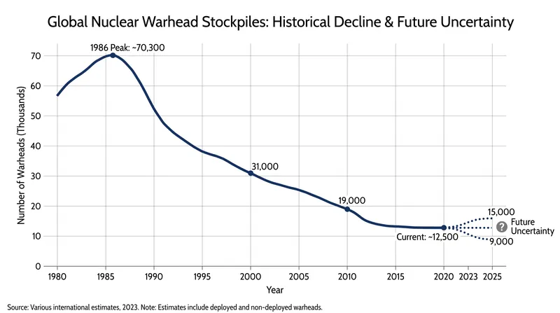 Global nuclear stockpiles have fallen drastically since the 1980s, a trend driven by successive bilateral arms control treaties.