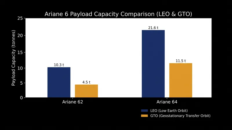 The four-booster Ariane 64 variant effectively doubles the vehicle's payload capacity to low Earth orbit.