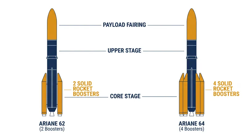 Ariane 6 is offered in two variants, utilizing either two or four solid rocket boosters to scale payload capacity.