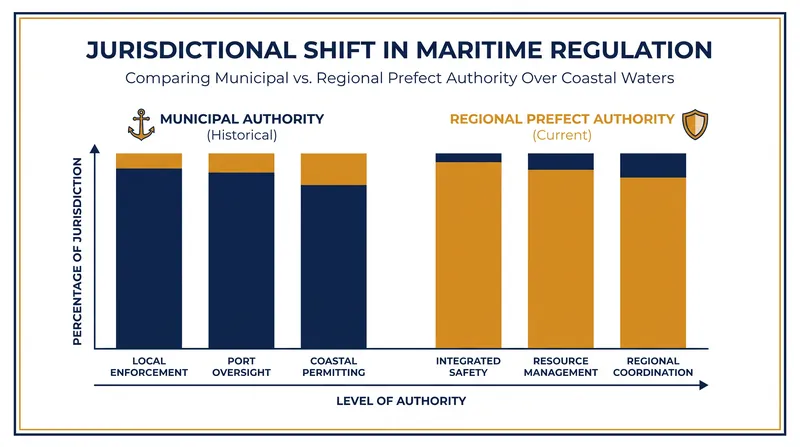French courts ruled that only regional maritime prefects hold the authority to regulate ship traffic.