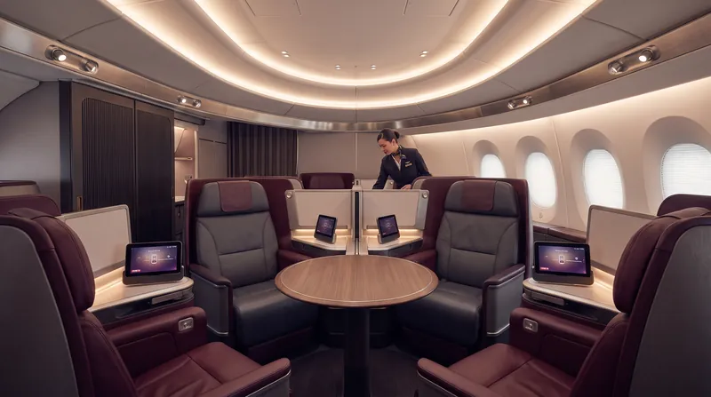 New business class designs feature movable screens and dividers, allowing groups of four to dine and work together in a shared space.