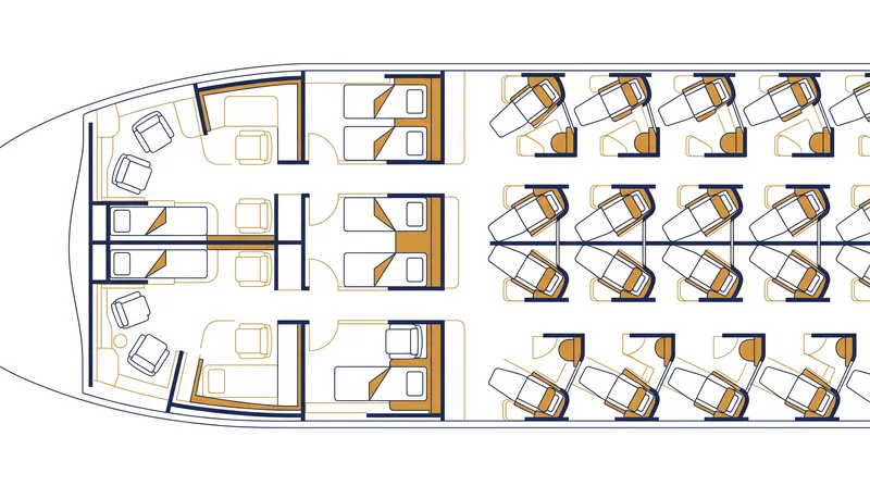 Ultra-long-haul aircraft utilize low-density 1-1-1 and 1-2-1 layouts to maximize passenger space and reduce overall payload weight.